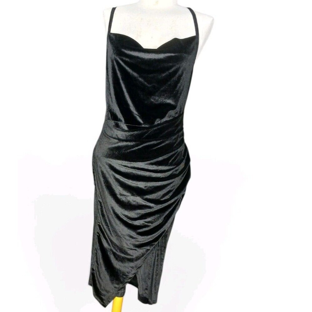 Topshop Black Velvet Cowl Neck Ruched Midi Dress Women's XS Party Cocktail